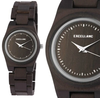Damenuhr Quarz Holz Armbanduhr Holzuhr Ebenholz Silber Braun 180/193 Excellanc - Bild 1 von 4