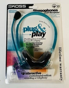 Vintage Koss Plug & Play Stereophones With CVT Microphone Teal New - Picture 1 of 2