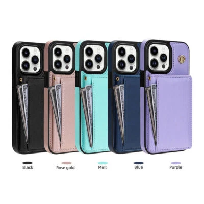 Strap Leather Card Wallet Phone Case For iPhone 16 15 14 13 12 11 Pro Max XR 8 7 - Image 1 of 4