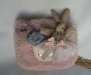 Pink Curly Faux Fur BUNNY IN TUTU Mini Purse With Gold Chain - Picture 1 of 12