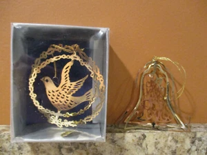 2 Vintage 1983 Christmas Ornament Gold Plated Brass Dove Bird & Bell Hong Kong - Picture 1 of 12