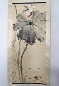 Quadro pergamena cinese Lotus Water Strider marchio sigillo vintage - Foto 1 di 14