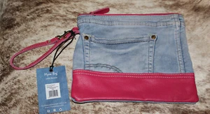 Bolso sin asas Myra #8952 cuero rosa intenso, Upcycle Denim 9x8" bolsa maquillaje ~ muñeca - Imagen 1 de 3