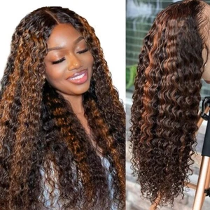 Highlight Ombre 4×4 Lace Front P1B/30 Deep Wave Human Hair Wig w/ 4 Combs - Picture 1 of 9