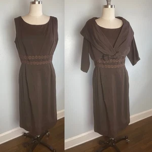 Brown Cotton 1950s Early 1960s Dress and Bolero Volup L Large XL 32 Waist - Picture 1 of 10