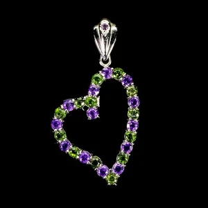 925 Sterling Silver Pendant Round Amethyst Chrome Diopside Gemstone Jewelry - Picture 1 of 14