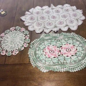vintage handmade crochet colorful doilies Lot Of 3  - Picture 1 of 7
