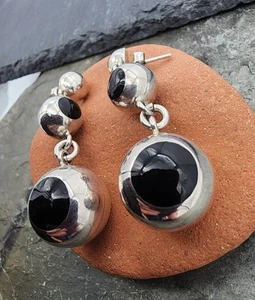 Sterling Silver 925 Onyx Eye Taxco Modernist TD - 59 Mexico Earrings Ag 2535 - Picture 1 of 7