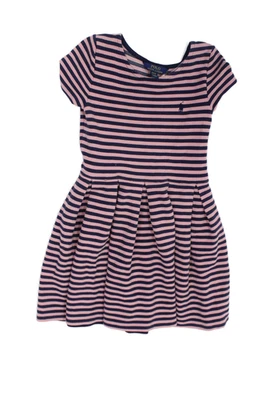Polo Ralph Lauren Girls Striped Print Pleated Flare Dress Pink Blue Size 8-10 - Image 1 of 4