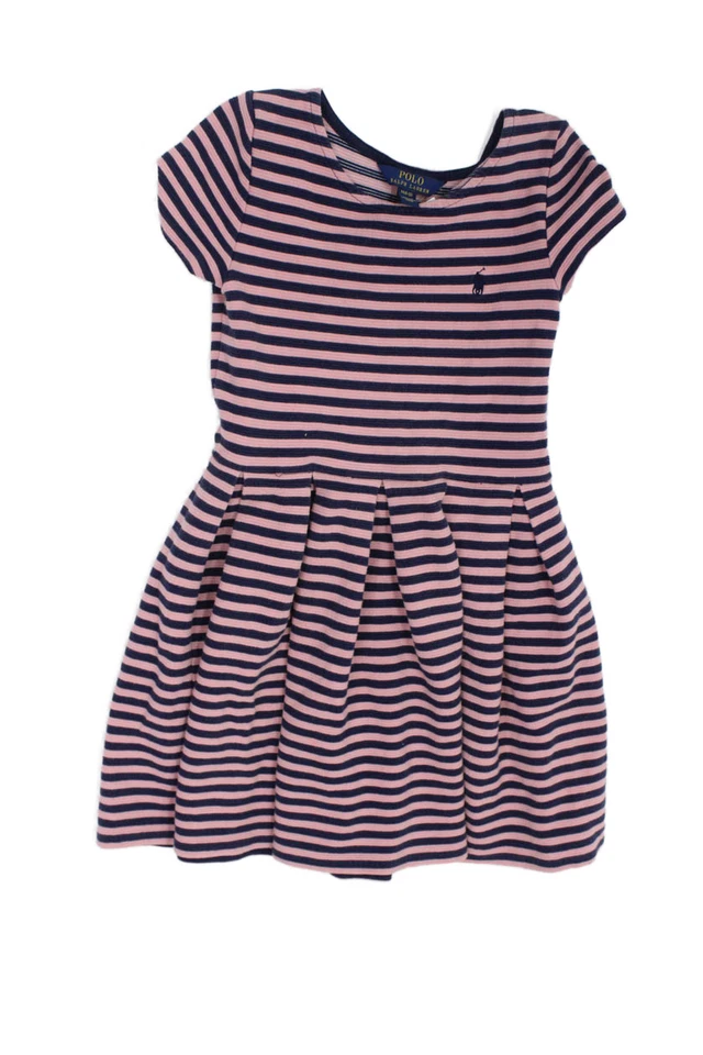 Polo Ralph Lauren Girls Striped Print Pleated Flare Dress Pink Blue Size 8-10 - Image 1 of 4