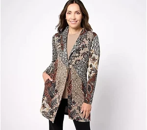 Susan Graver Printed Novelty Knit Jacket Shawl Collar Cream/Charcoal 3X A554261 - Picture 1 of 1