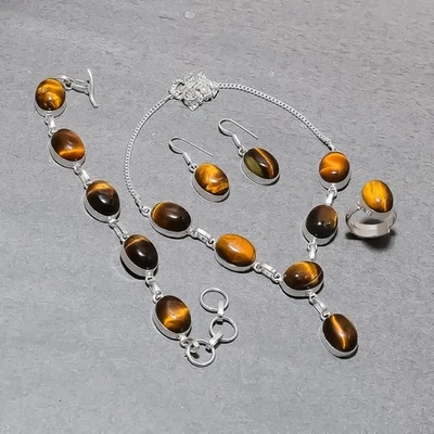 Conjunto de joyas collar de moda hecho a mano con piedras preciosas forma ovalada ojo de tigre SR 1084 Foto 1 de 4