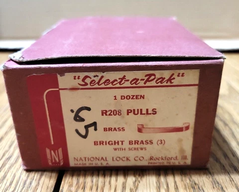 NATIONAL LOCK Company - Full BOX of 12 BRASS Pulls R208 NOS ~ 9 W/O Screws Cover