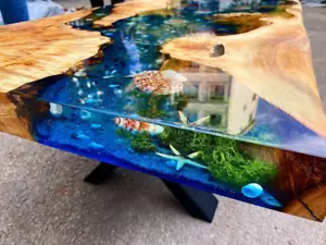 Custom Made Blue Epoxy Dining Table with Shells Resin River Coffee/Side Table - Picture 1 of 12