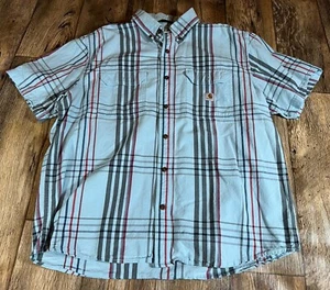 Carhartt XL Loose Fit Midweight Short Sleeved Shirt Light Blue Plaid Cotton - Picture 1 of 6