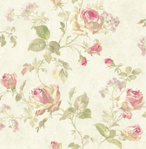 Wallpaper Pink Green Yellow Rose Lavender Floral Trail on Cream, 56 sq ft / bolt - Image 1 of 1