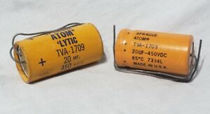 Two (2)  Vintage Sprague Atom 'Lytic TVA-1709 20 MF 450 V.O.C. Capacitors 