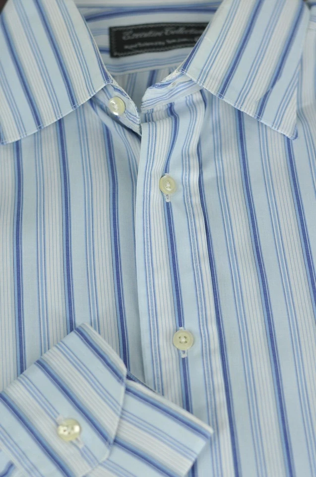 Tom James Executive Men's Blue & White Striped Luxury Cotton Dress Shirt 15 x 33 - Image 1 of 4
