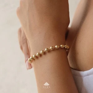 14K Gold Bead Ball Chain Bracelet, 3.5mm Italian Gold Beaded Bracelet, Round All - Picture 1 of 10