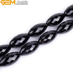 Natural Olivary Black Agate Faceted Gemstone Loose Beads For Jewelry Making 15" - Picture 1 of 28