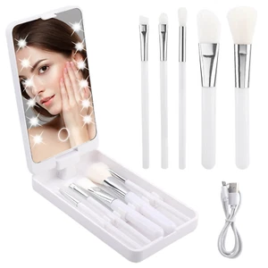 Mirror Makeup With 5 Brushes Hand Held Cosmetic Foldable Box Beauty Lady Lighted - Picture 1 of 8