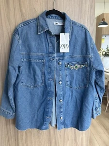 Zara blue jewel trim denim jacket shacket Shirt oversized Medium NWT raw hem New - Picture 1 of 8