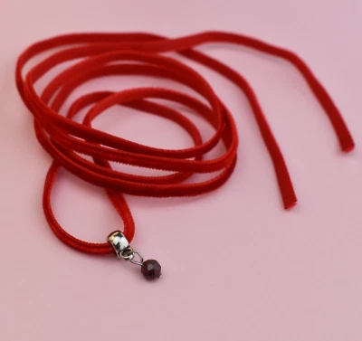 Thin red velvet lace choker with garnet charm, dainty necklace - Image 1 of 4