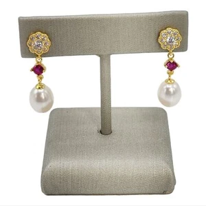 925S Red Gemstones Stud Earrings With Cultured Freshwater Pearl and Zirconia - Picture 1 of 12