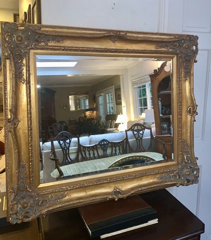 Vintage Hand Carved Wood Beveled Glass Mirror 35ʺH × 40"W Cover