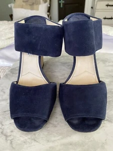 Prada Navy Blue Suede / Leather Wedge Slide Wood Wooden Heels 39.5 - Picture 1 of 8
