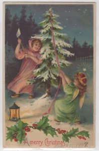 Merry Christmas Girl Angel Cutting Down Christmas Tree Embossed Germany Postcard - Picture 1 of 2