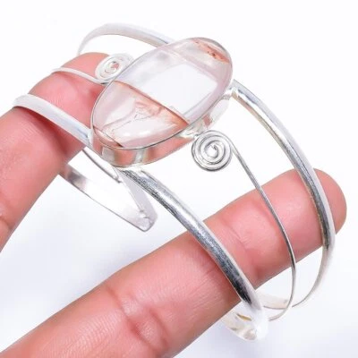Natural Rose Quartz Gemstone 925 Sterling Silver Cuff Bracelet Adst. i261 - Image 1 of 4