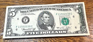 1974 $5 FRN Dramatic Offset Error VF CHRC - Picture 1 of 2