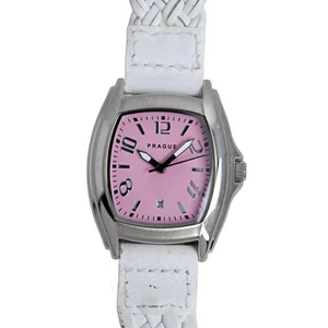 Prague Pink Dial Tonneau Case Stainless Steel White Leather Strap Watch - Picture 1 of 10