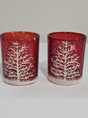 2019 Dazzling Red Candle Holders With White Tree & Snow Set of 2  New - Image 1 of 4