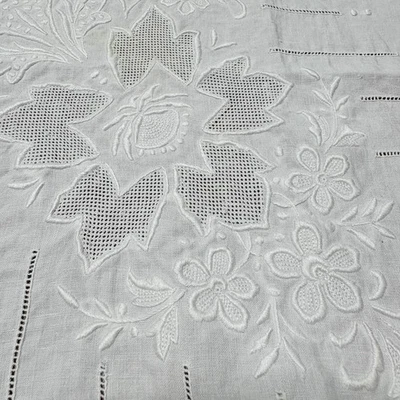 Vintage Antique Linen Tablecloth Hand Embroidered Bobbin Lace Faggoting 72x87 - Image 1 of 4