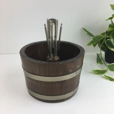 Vintage Wood Nut Bowl Barrel HMG Nut Cracker 6 Picks Mixed Nuts Holder - Image 1 of 4