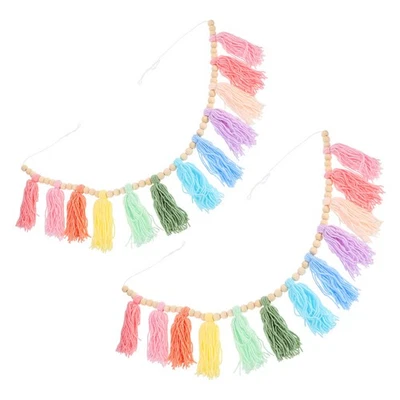  2 Piezas Coloridas Colgantes en la Pared Madera Cuentas Borla Guirnalda Guardería Boho Arco Iris Foto 1 de 4