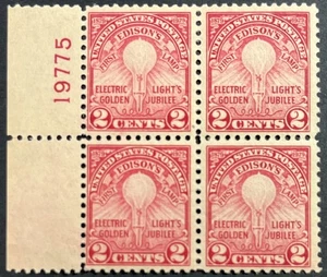 U.S., 654 Electric Light 50th Anniversary, Block of 4 w/Plate #, VF, MNH, - Picture 1 of 2