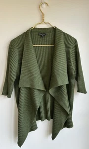 Eileen Fisher 100% Merino Wool Green Short Sleeve Ribbed Open Cardigan Asymm Sm - Picture 1 of 7
