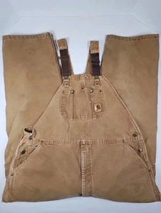 Carhartt Bib Overalls Double Knee Mens R27 BRN 44x32 Duck Canvas Lined Zip Knee - Picture 1 of 16