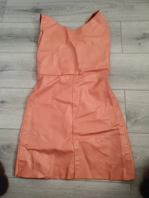 Peach Genuine Real Leather Deep Cut V Back Bodycon Short Dress 8-10 Fully Lined  - Image 1 of 4