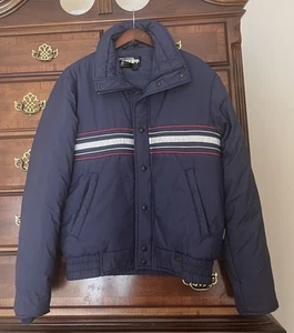 VINTAGE SNUGGLER UOMO 40 MED blu navy righe PUFFER RETRÒ full zip SKI JACKET cappotto - Foto 1 di 6