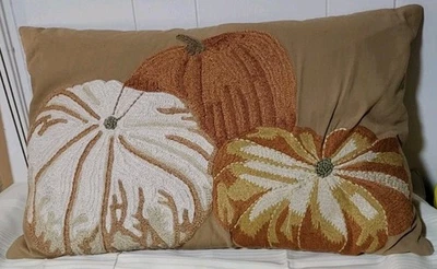 Pottery Barn Pumpkin Fall Autumn Crewel Embroidery Down Pillow & Cover 26" x 16" - Image 1 of 4