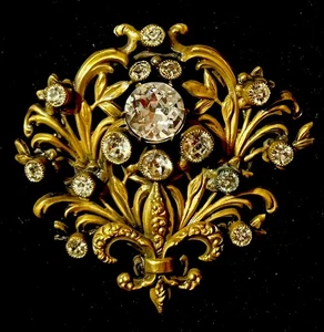 Seltene Vintage Joseph of Hollywood Fleur-de-lis vergoldete Metall Kristall Brosche - Bild 1 von 8