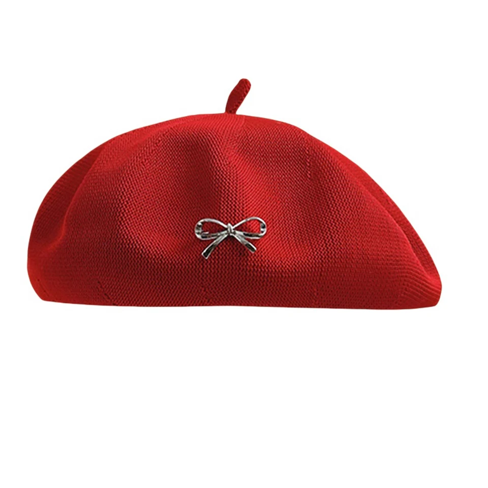 Mujeres Verano Ligero Color Sólido Boina Delgada Dulce Boina Sombrero con Lazo Decoración Foto 1 de 4