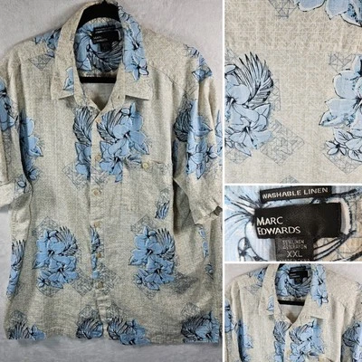 Marc Edwards Hawaiin Shirt Mens XXL Beige Floral Washable Linen Travel Vacation - Image 1 of 4