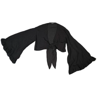 Cárdigan Shein Negro Corbata Frontal Manga Campana Volantes Dobladillo Encogido de hombros (V) Foto 1 de 4