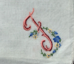 VINTAGE 10” EMBROIDERED INITIAL “F” MULTI COLORED ON WHITE LINEN HANDKERCHIEF