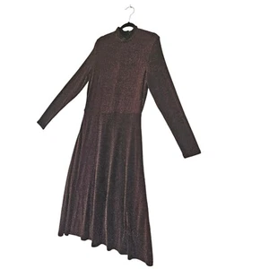 H&M sparkle glitter long sleeve midi dress women's size M high neck black gold - Picture 1 of 17